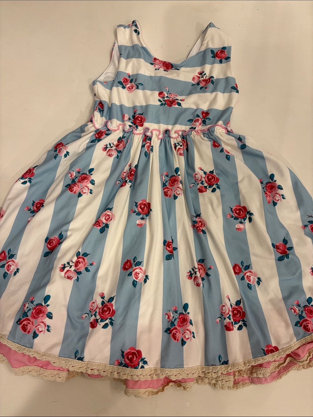 cheeky plum Blue and White Stripe Floral Dress with Pink Accents s: 6